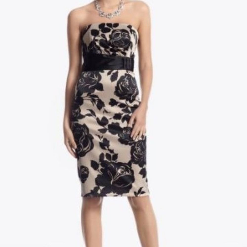 WHBM Womens Size 0 Tan/Black Strapless Pencil Dress Floral Belted Waist Hem Slit